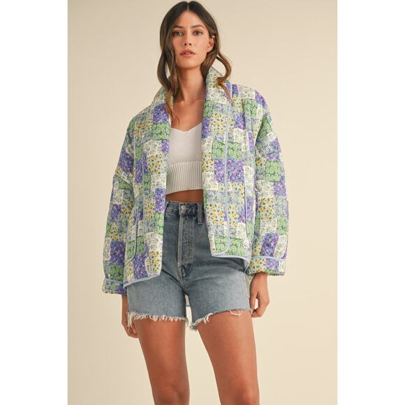 Anthropologie x Mable Zenobia Patchwork Feeling Quilted Jacket in Green/Lavender - Picture 2 of 8